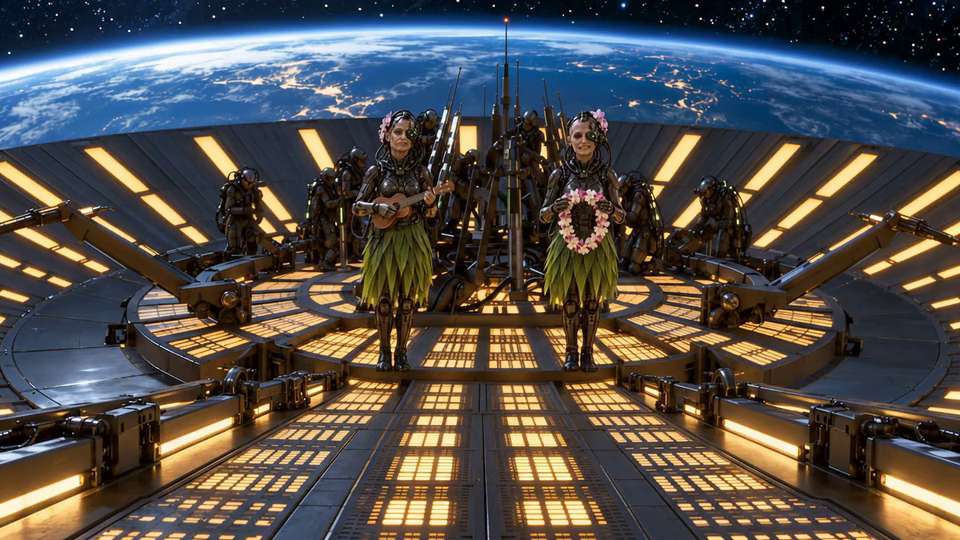 Generated scene: two cybernetic attendants with a ukulele and flower lei stand on an orbital platform above Earth.